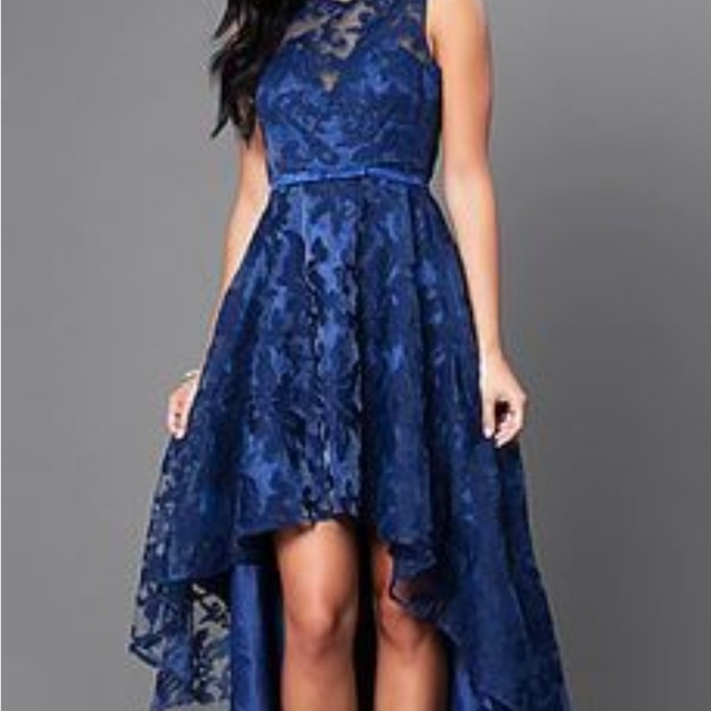 Elegant Navy Blue High-Low Lace Cocktail Dress